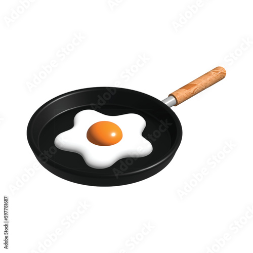 Fried egg in a Skillet frying pan with a wooden handle icon isolated on white background, realistic 3d fried egg in a black pan. Vector illustration
