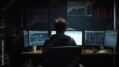 Man sits in front of several monitors and looks at stock data in a dark room. Generated ai.