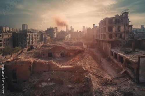 Burning city ruins after world war. Generative AI