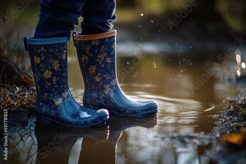 Kid in a rubber boots in a puddle. Generated ai.