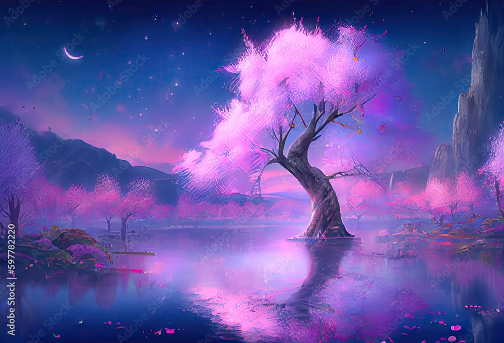 Abstract Cartoon Big Tree In Enchanted Outdoor Nature Backdrop Generative AI