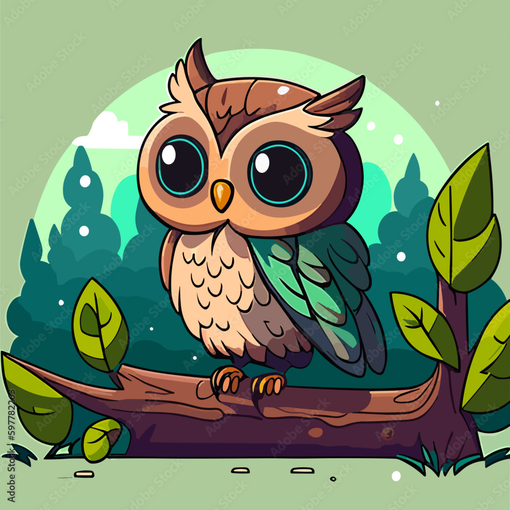 Cute Little Owl Owlet in a Fairy Forest. Flat Cartoon Vector ...