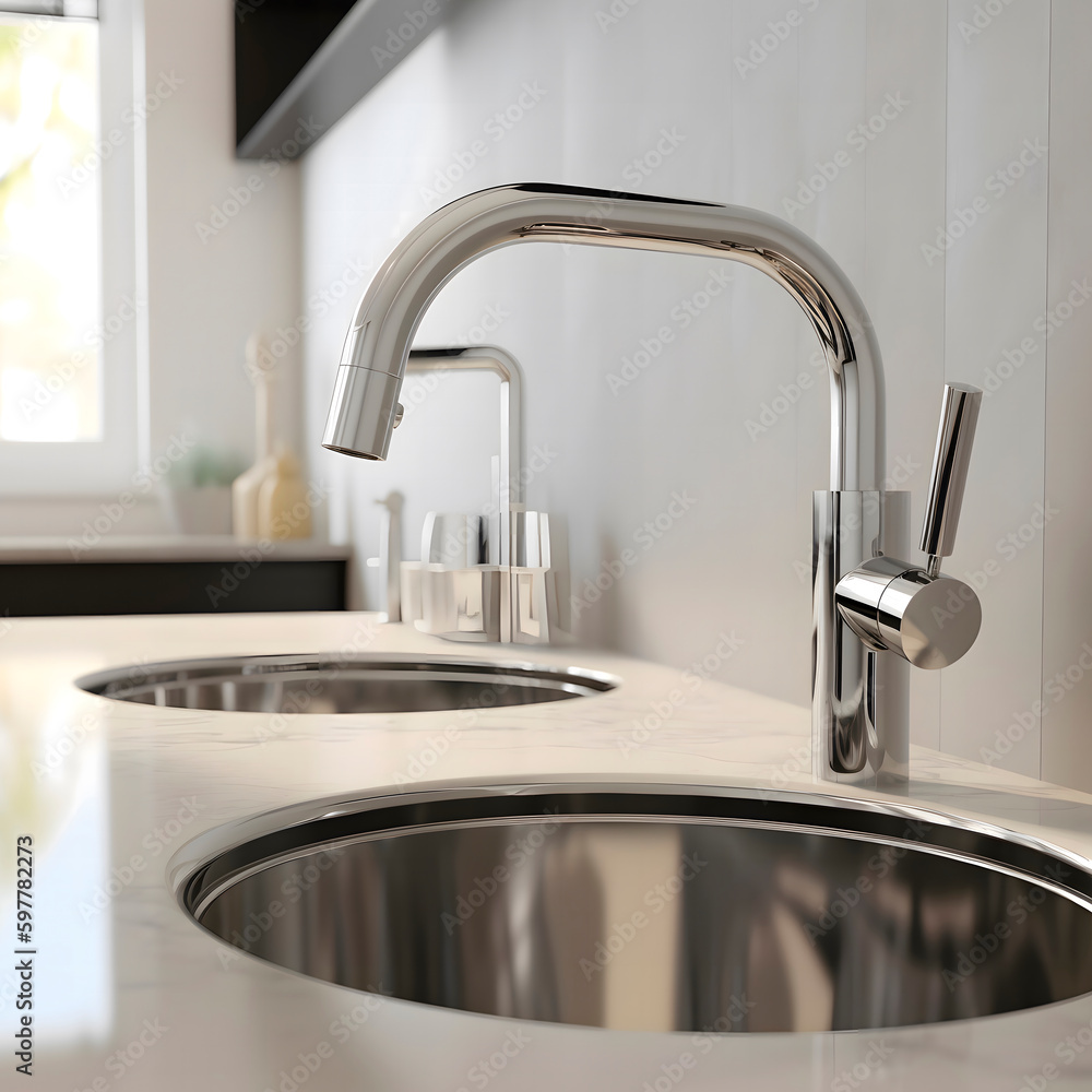 Contemporary metal faucet with the small lever.Shiny new spigot at kitchen.Metal crane in the close-up photo. New modern furniture. created with Generative AI technology.