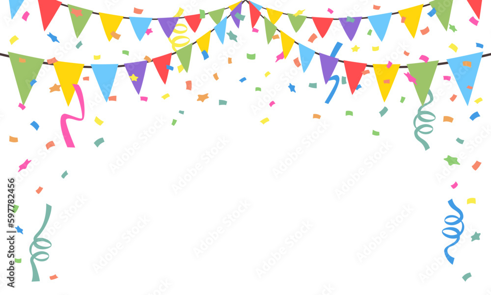 Celebrate hanging triangular garlands with confetti. Colorful perspective flags party isolated on white background. Birthday, Christmas, anniversary, and festival fair concept. Vector illustration. - obrazy, fototapety, plakaty 