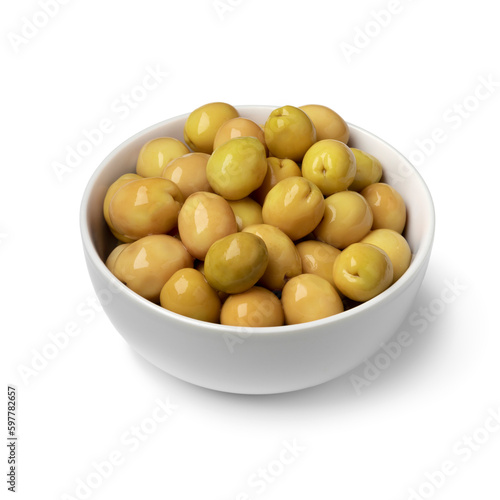 Bowl with green Turkish olives close up isolated on white background