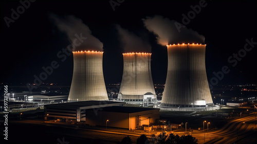 Fotografia Night lights of nuclear power station, generative ai
