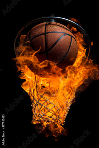 basketball ball in fire. Generative AI © nadunprabodana