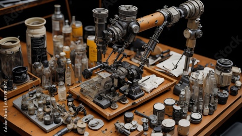 A dissecting microscope with a tray of specimen samples photo