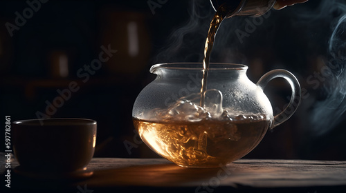 A close-up shot of a cup of fasting tea being poured from a teapot, with steam rising.