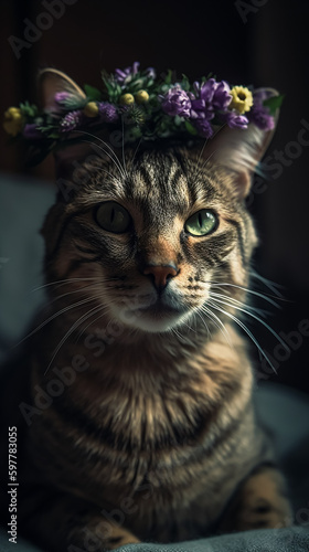 portrait of a cat with flower band around head. Generative AI