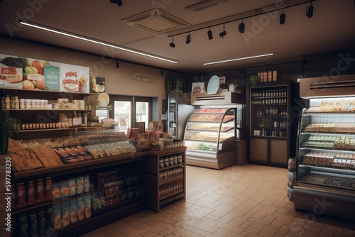Illustration of convenience store's interior. Generative AI
