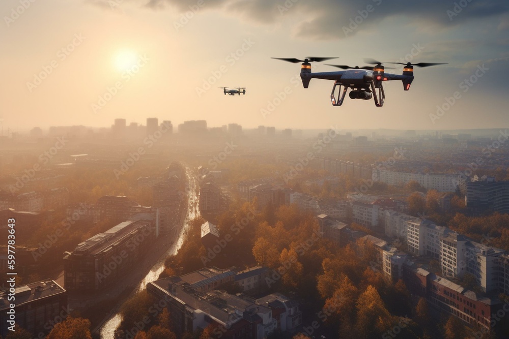 Unmanned drone soaring over urban landscape. Generative AI