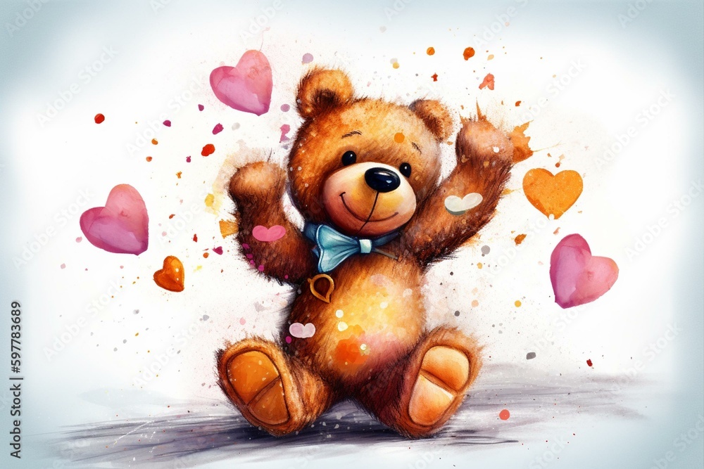 Watercolor painting of a teddy bear holding hearts while dancing ...