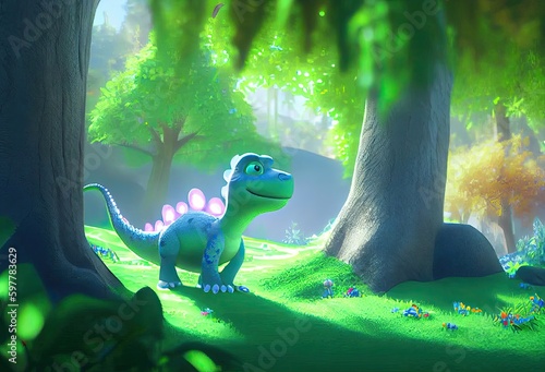 Abstract Cartoon Dinosaur In Dreamy Forested Area Background Generative AI © Johnathan
