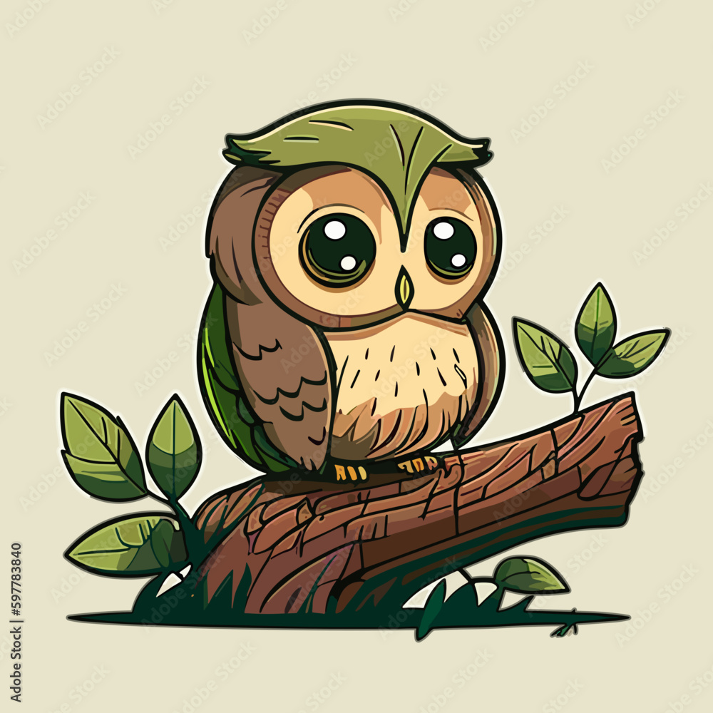 Cute Little Owl Owlet in a Fairy Forest. Flat Cartoon Vector ...