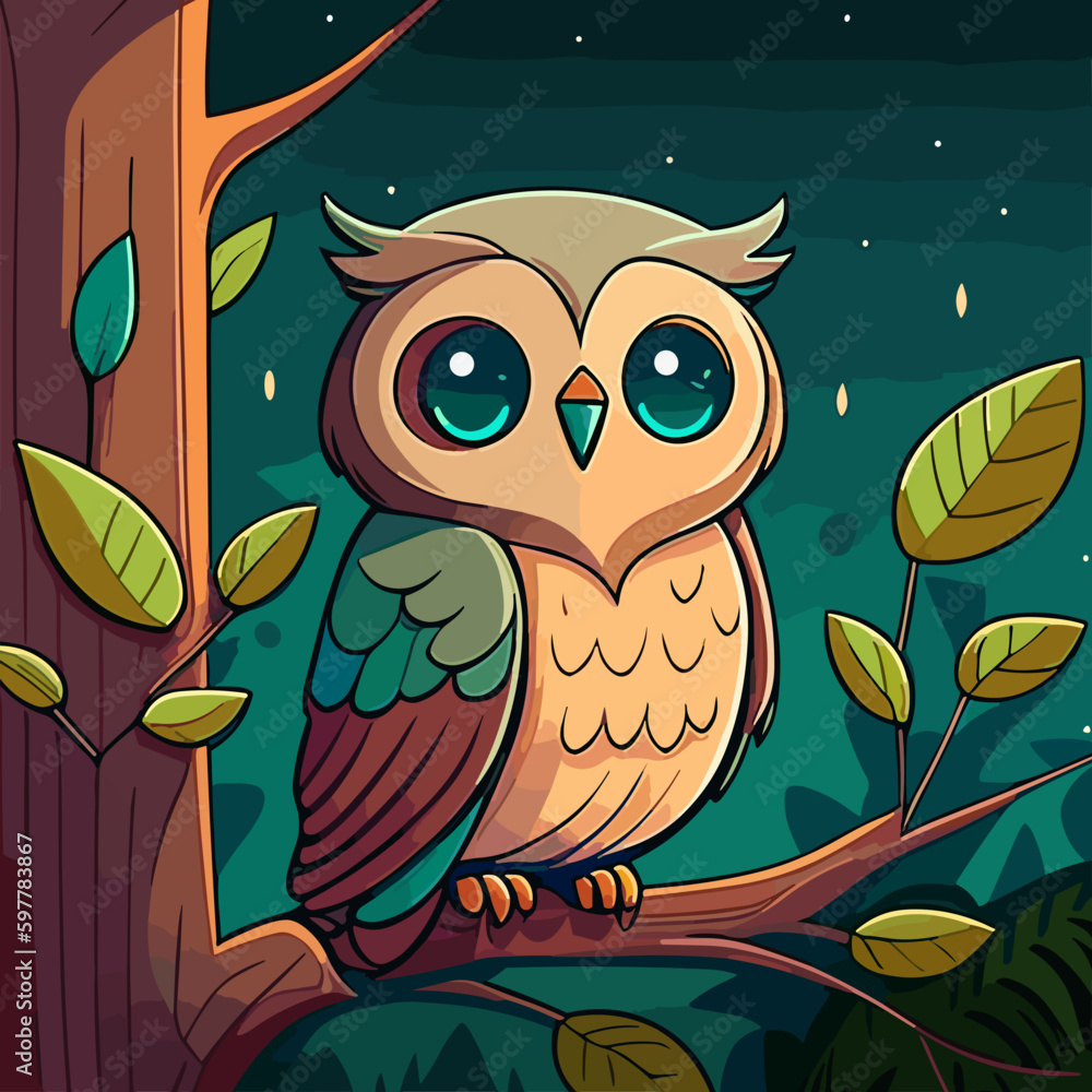 Obraz premium Cute Little Owl Owlet in a Fairy Forest. Flat Cartoon Vector Illustration for Children