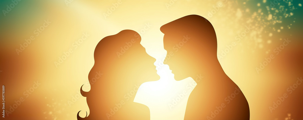 Representation of love, romance. For invitation, greeting card, background or banner use.  Their silhouettes create a symbol of love in a beautiful, artistic way. AI generated illustration.