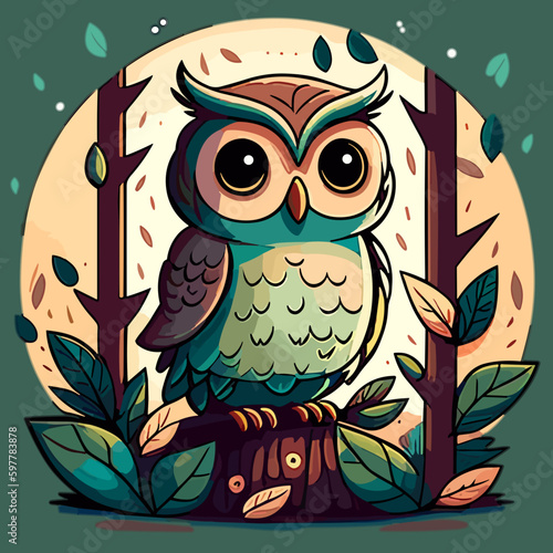  Cute Little Owl Owlet in a Fairy Forest. Flat Cartoon Vector Illustration for Children