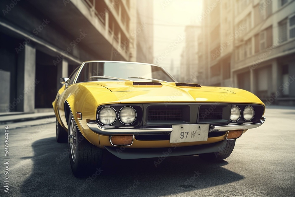 Luxury sports car for city tourism, front view, 1970s style, 3D illustration on white background. Generative AI