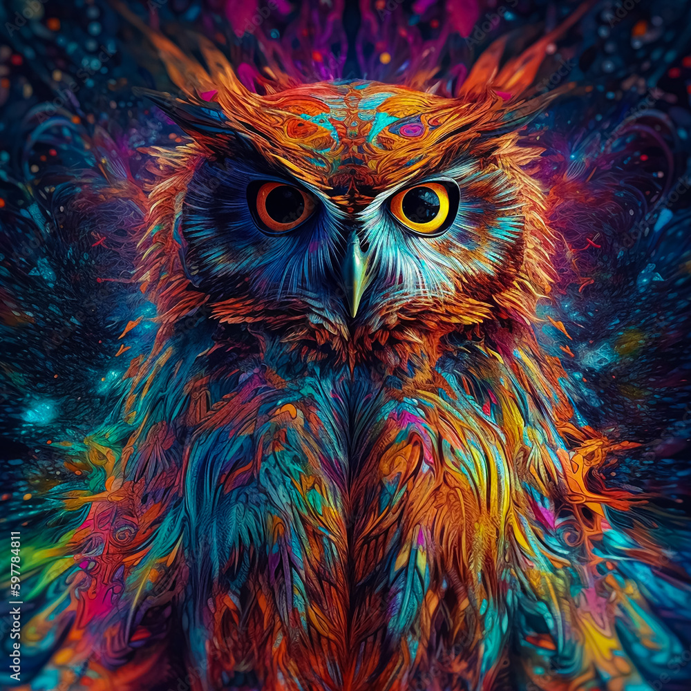 Abstract colorful owl in the night. Generative AI Abstract colorful owl in the night. Generative AI