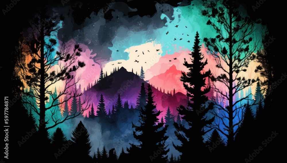 Fototapeta premium Colorful forest and mountain silhouette background. Generative AI 