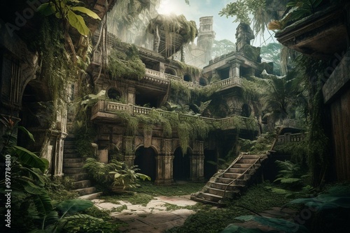 Concept art depicting a hidden fortress within tropical foliage. Generative AI © Kaida