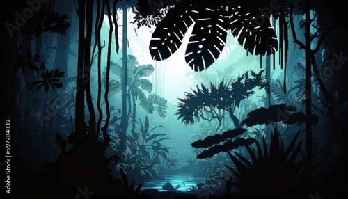Blue jungle silhouette background. Generative  AI  © dDenVil