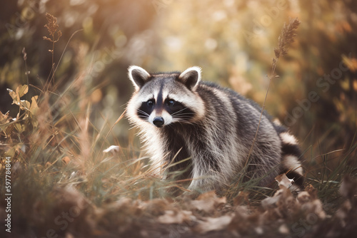 Beautiful raccoon in nature. Created using Generative AI technology.
