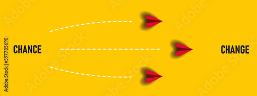 red airplane flying towards text "Change" and "Chance". Personal growth and career growth idea concept.	
