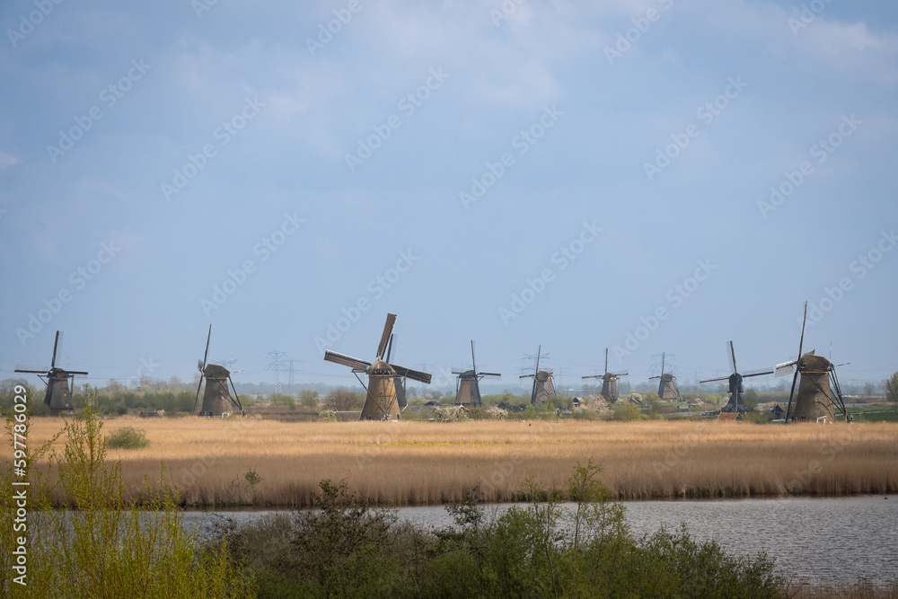 iconic windmills in Kinderdijk Netherlands next to canal waterway flood management. Landmark buildings originally made to pump water out of low land polder to preserve land reclaimed from the sea