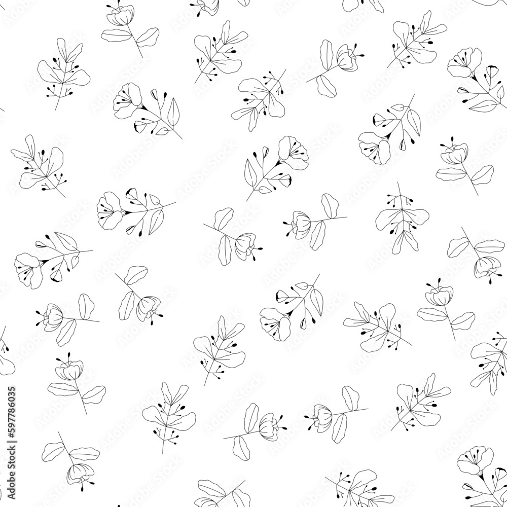Seamless pattern of Hand drawn wild flowers background. Drawing doodle stroke outline. Art abstract concept. Floral and Nature theme. Thin line sketch. Isolated white background. Vector illustration. 