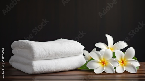 spa composition with White Towels, plumeria frangipani flower ,Generative AI 