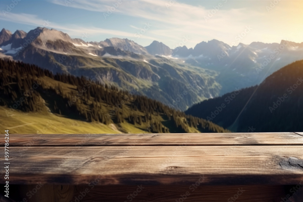 green mountains and forest in the alps and blurred background with empty wooden table with free space for product display and mockup, copy space, small depth of field, ai generated – human enhanced