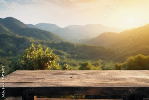 green mountains and forest in the alps and blurred background with empty wooden table with free space for product display and mockup  copy space  small depth of field  ai generated     human enhanced