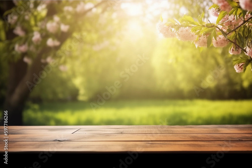 Summer garden with flowering tree and blurred background with empty wooden table with free space for product display and mockup, copy space, small depth of field, ai generated – human enhanced