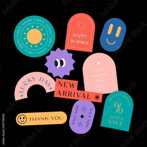 Sicker Pack. Collection of trendy stickers, labels, patches, tags. Retro style. Vector illustration.