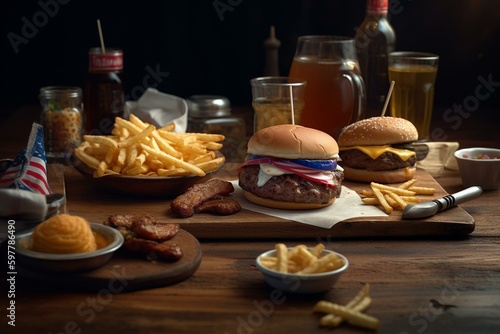 American food on a wooden table, miniature for application. Generative AI