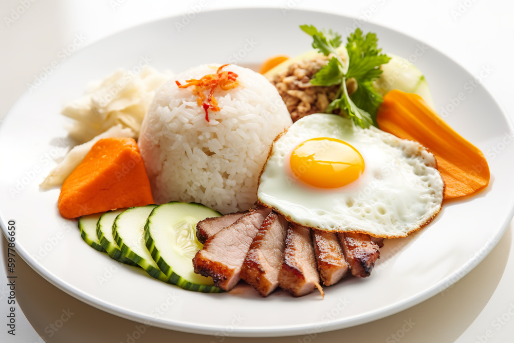 Com Tam, Vietnamese dish with broken rice served with grilled pork, pickled vegetables, and a fried egg, AI generative dish on white background Com Tam, Vietnamese dish with broken rice served with grilled pork, pickled vegetables, and a fried egg, AI generative dish on white background