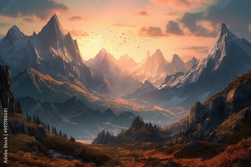 A vibrant digital painting of mountains. Generative AI