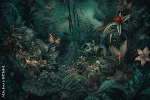 Vintage jungle wallpaper with blue background and flora and fauna motifs. Generative AI