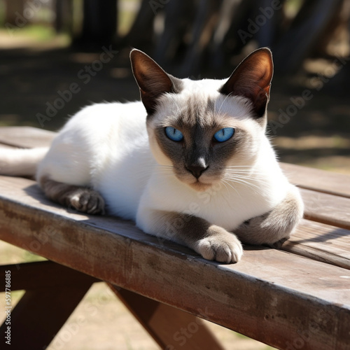 Siamese Cat, lazing on outside on garden bench in summertime.
