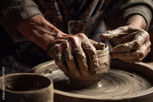 Close-up of a potter's hands shaping clay on a spinning wheel, showcasing the skill and artistry of pottery making