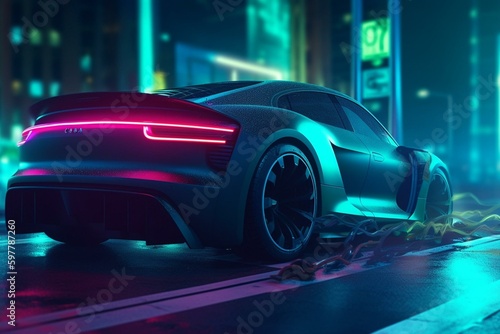 Electric car charging with neon lights. Sustainable concept. 3D render. Generative AI