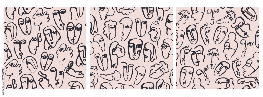 Vector set of seamless patterns. Hand drawn cubism style faces, women and men portraits art background, abstract one line doodle sketch.
