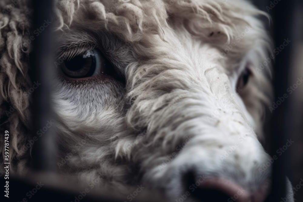 sad eyes of a captive farm animal in a cramped cage, symbolizing the issues and challenges of industrial livestock farming sad eyes of a captive farm animal in a cramped cage, symbolizing the issues and challenges of industrial livestock farming
