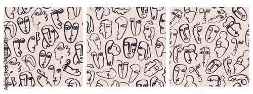 Vector set of seamless patterns. Hand drawn cubism style faces  women and men portraits art background  abstract one line doodle sketch.