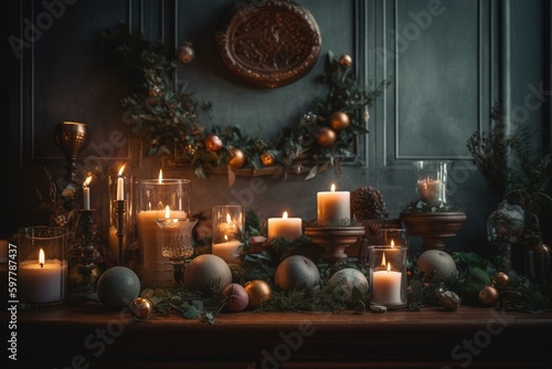 Festive yuletide wallpaper featuring candles, ornaments and cozy hearth. Generative AI