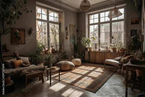 A cozy and bright Mediterranean-inspired living room. Generative AI © Gareth