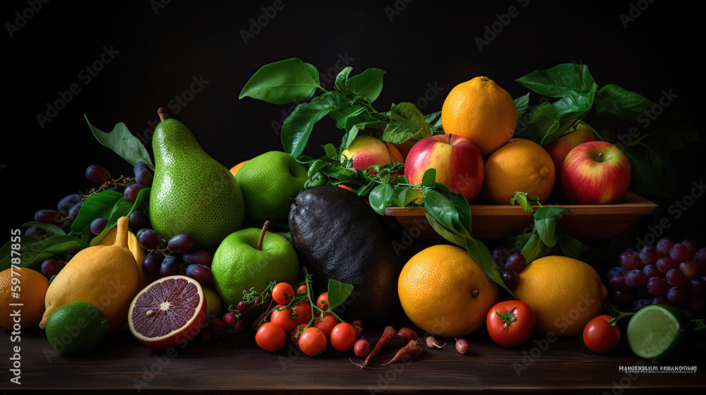 Fresh vegetables, fruits and seeds on black table, flat lay, generative ai Fresh vegetables, fruits and seeds on black table, flat lay, generative ai
