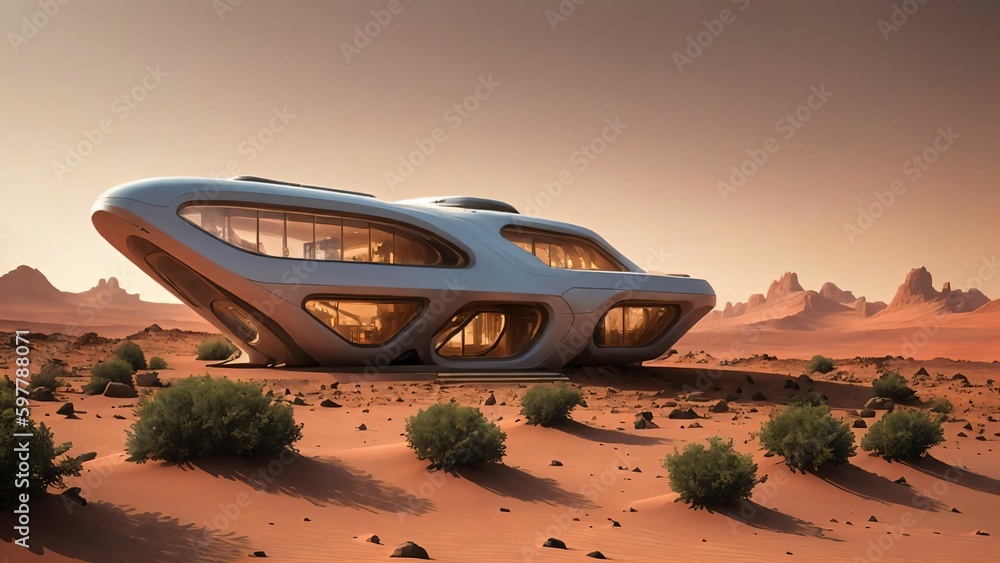 Landscape of a sci-fi futuristic cyberpunk house on the surface of planet Mars at dusk - Generative AI Illustration Landscape of a sci-fi futuristic cyberpunk house on the surface of planet Mars at dusk - Generative AI Illustration